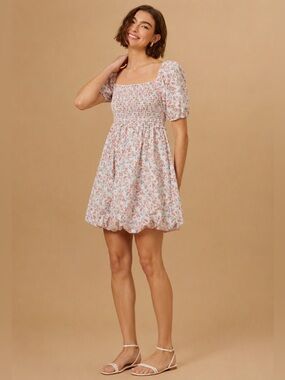 Altar’d State Bubble Hem Floral Mini Dress Puff Sleeves Smocked Size M